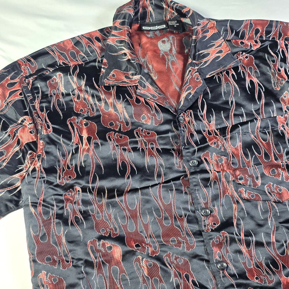 ODO Shirt Mens M Black Satin Red Flame Scull AOP Button Up Club Party Y2K